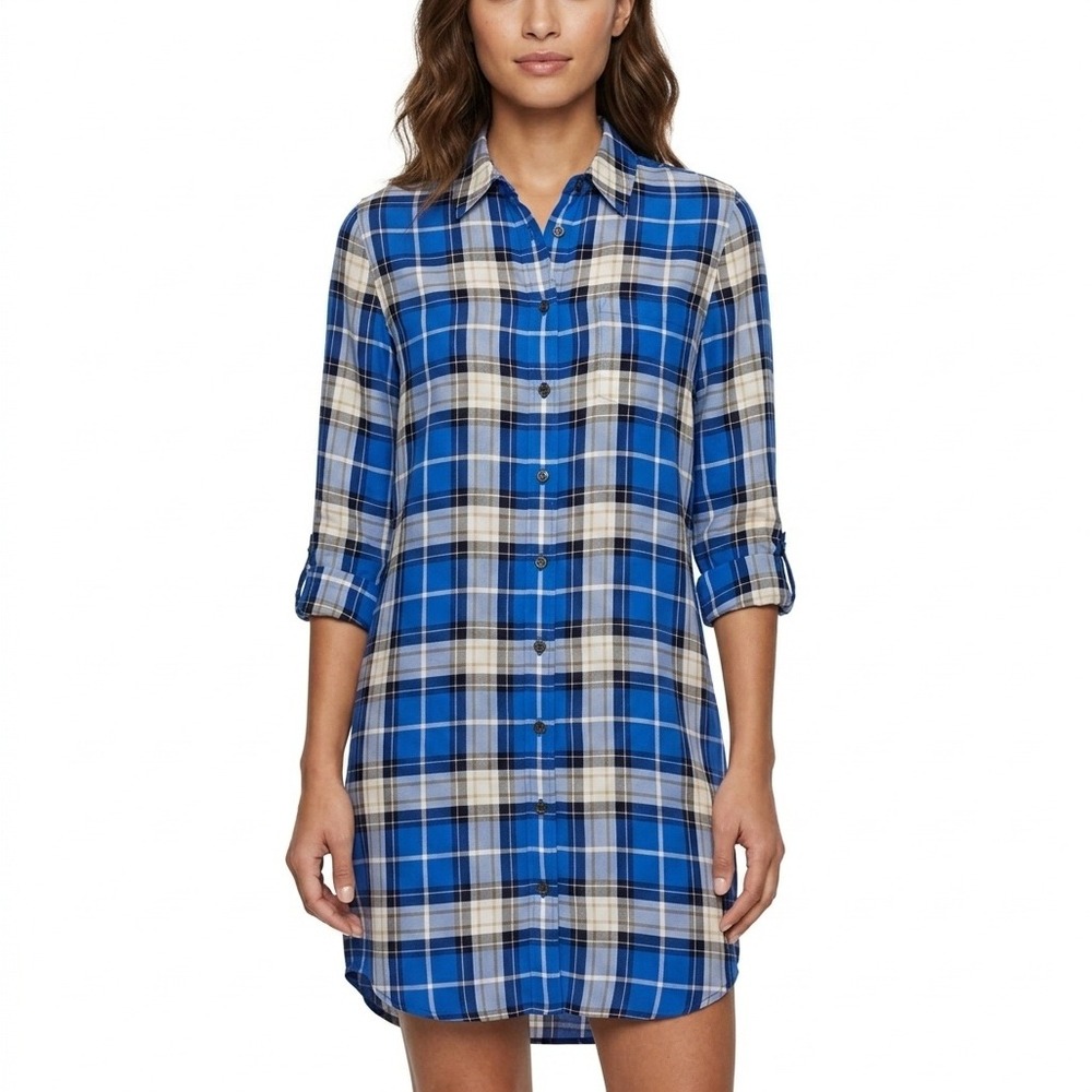 EQUIPMENT FEMME 100% Silk Brett Shirt Dress Size XS Plaid Blue White Button Mini